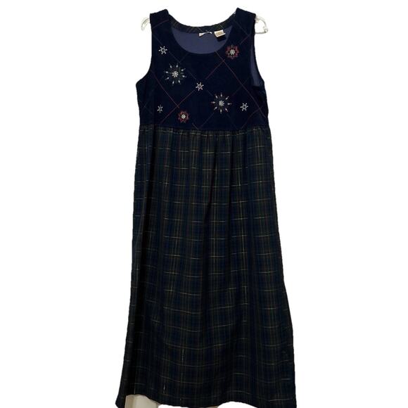 Vtg Maxi Dress Large Embroidered Navy Tartan Plaid Holiday Winter Cottagecore - Picture 1 of 11
